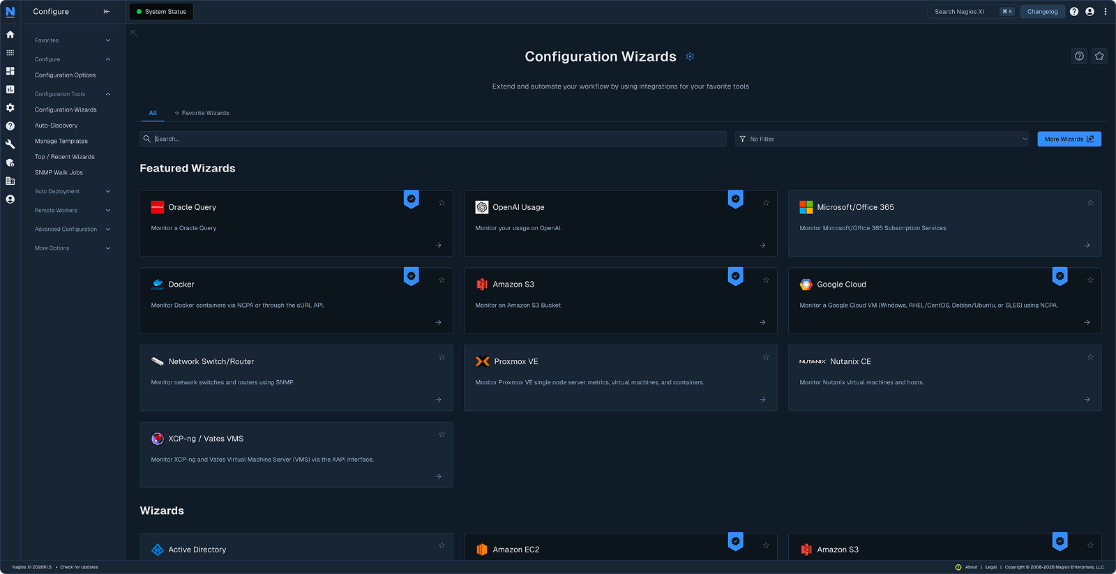 Screenshot of Configuration Wizards in Nagios XI